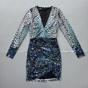Bebe Woman XS Black Blue Leopard Long Sleeve Ruched Bodycon Dress V-Neck Y2K